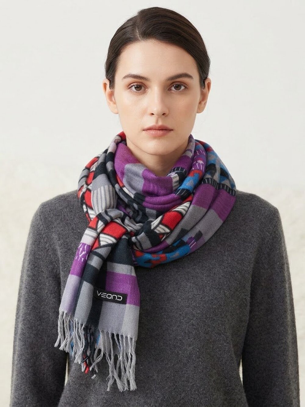 VEOND Colorful Geometric Patterned Rayon Scarf Purple Red Blue Gray 76x26